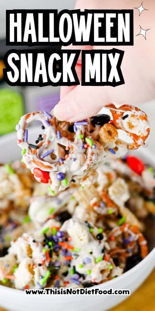 This easy Halloween Snack Mix is the ultimate sweet and salty treat for the spooky season! Made with Rice Chex cereal, Honey Nut Cheerios, pretzels, white chocolate, Halloween M&Ms, and colorful sprinkles, it's perfect for parties, movie nights, and trick-or-treating. If you need Halloween Snack Ideas, Halloween Party Food, Easy No Bake Halloween Treats, Fun Halloween Food, Halloween Treats For Kids, Halloween Chex Mix, or simple Halloween Desserts, this crunchy snack mix is a must-try. It takes just 15 minutes to prep, requires no baking, and is easy to make ahead. The sweet and salty combination makes every bite irresistible. Save this festive Halloween Party Snack Mix for a colorful, crowd-pleasing Halloween snack that kids and adults will keep grabbing by the handful!