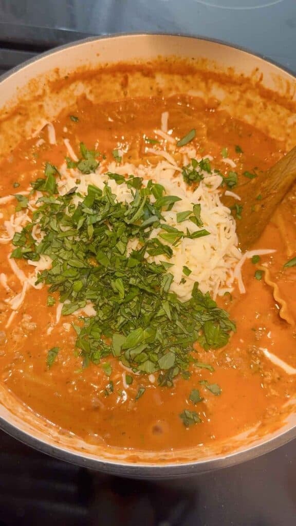 chopped basil and shredded mozzarella cheese added to lasagana soup