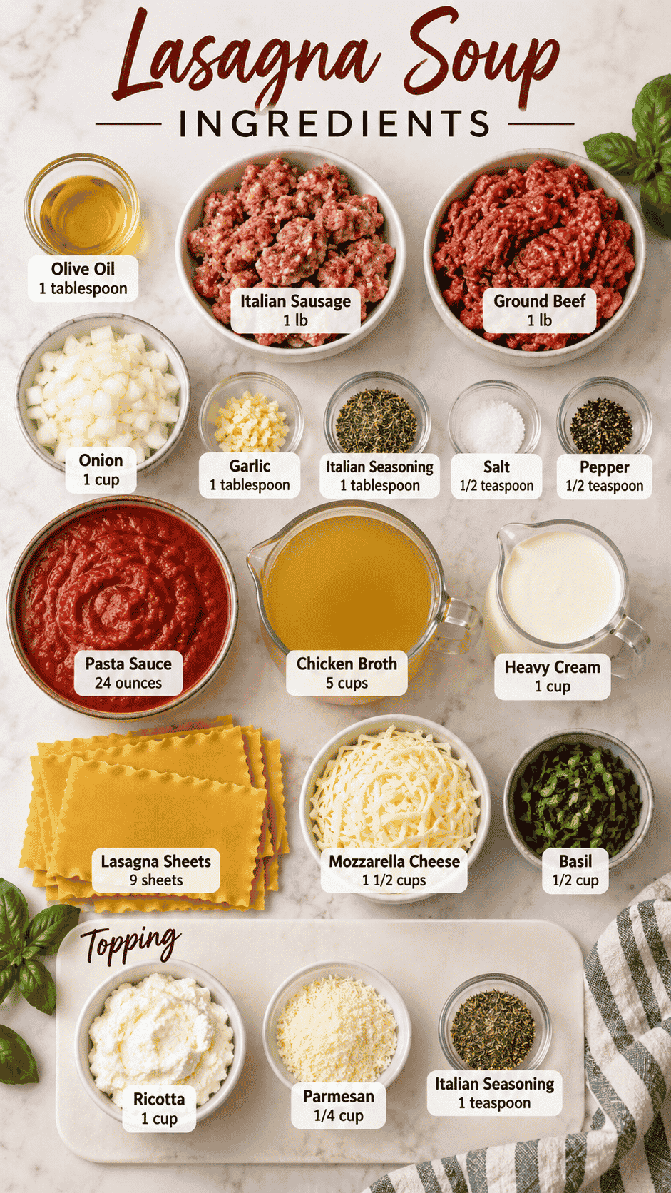 lasagna soup ingredients on the kitchen counter