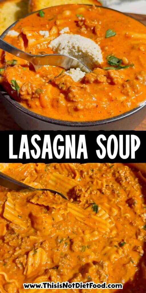 This easy Lasagna Soup recipe is the ultimate cozy comfort food for busy weeknights! Made with Italian sausage, ground beef, broken lasagna noodles, pasta sauce, chicken broth, heavy cream, mozzarella, ricotta, Parmesan, and fresh basil, this hearty soup has all the flavors of classic lasagna without the work of layering and baking. If you love easy soup recipes, one pot dinners, Italian soup recipes, or comforting family dinner ideas, this creamy Lasagna Soup is a must-try. It’s an easy 35 minute meal that’s perfect for fall dinners, cold winter nights, or anytime you’re craving cheesy pasta. Save this One Pot Lasagna Soup for an easy weeknight dinner, cozy Sunday supper, or simple family meal everyone will love. The creamy ricotta topping makes every bowl extra delicious!