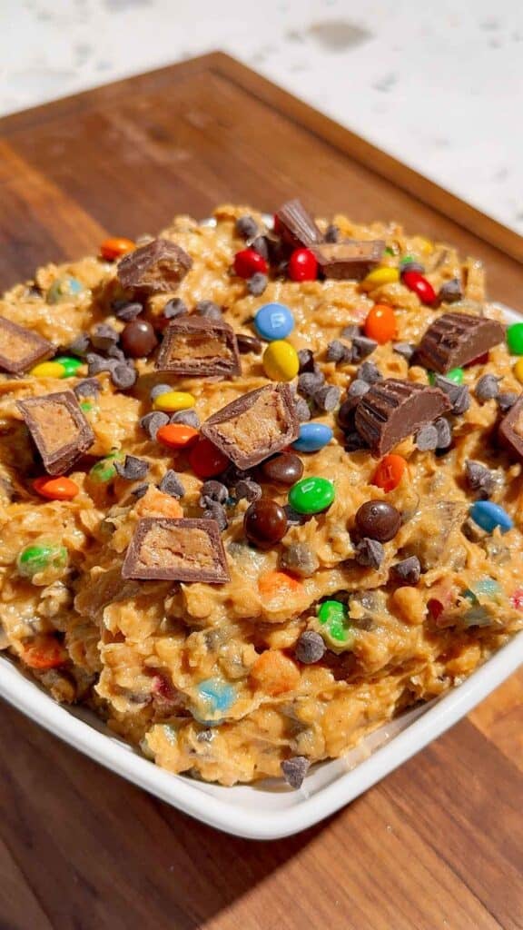 monster cookie dough dip ready to serve in a bowl