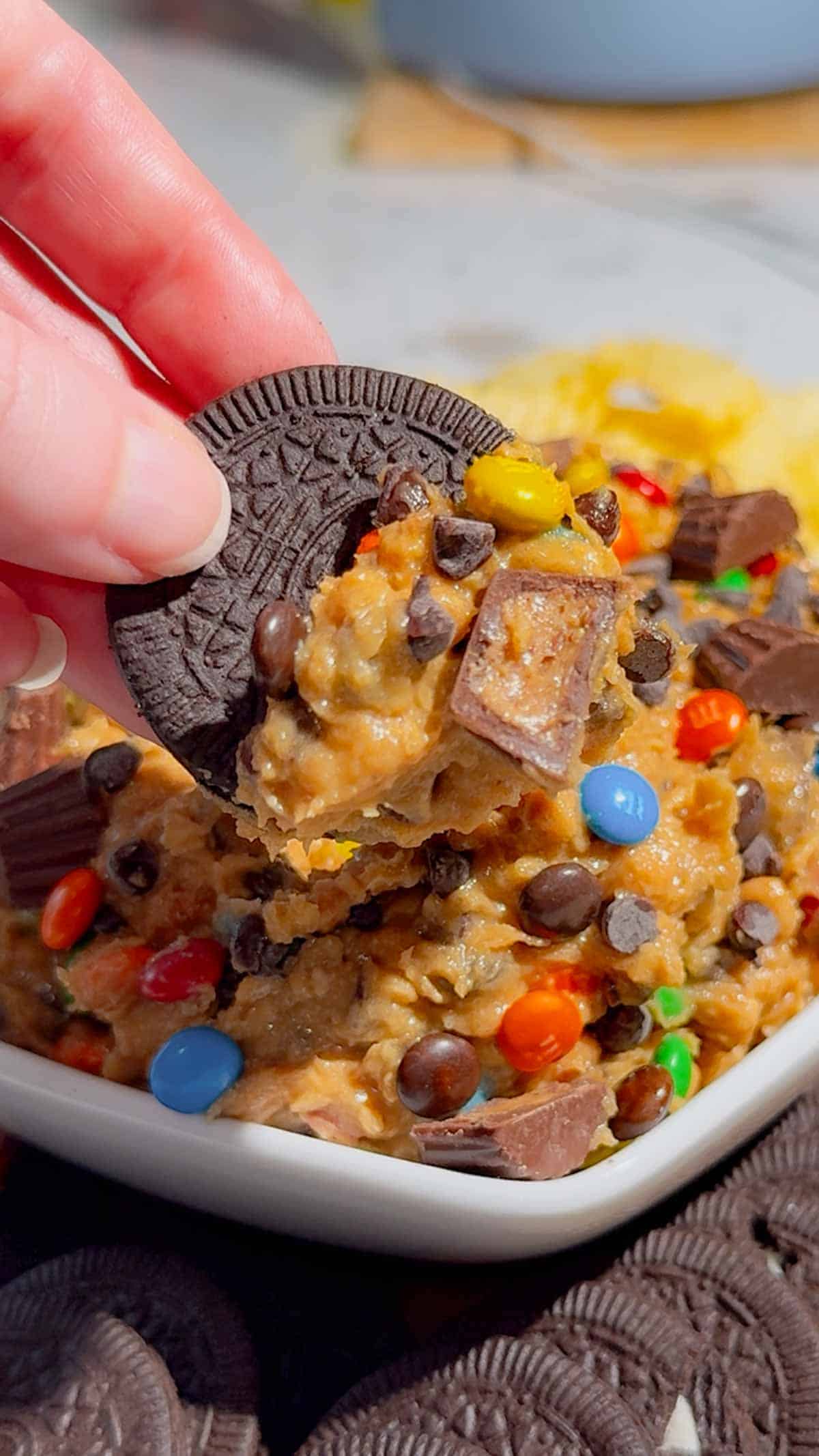 oreo dipped in monster cookie dough dip