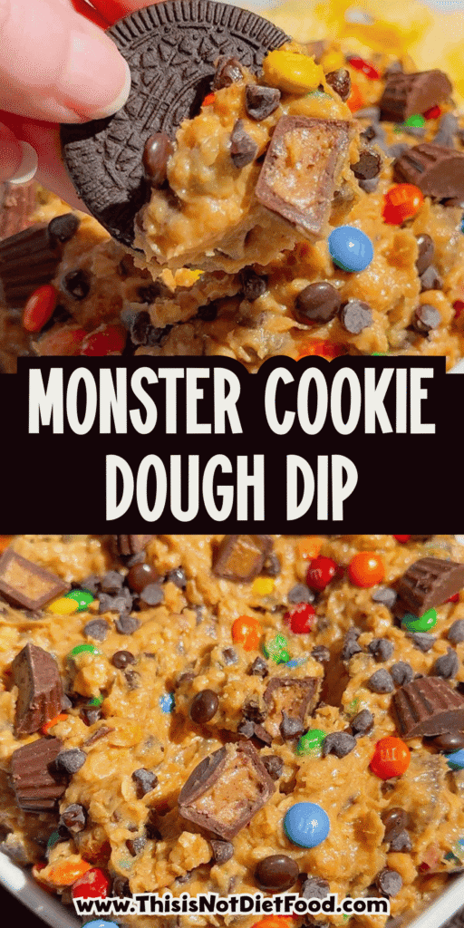 This Monster Cookie Dough Dip is an easy no bake dessert dip loaded with crunchy peanut butter, brown sugar, quick oats, mini chocolate chips, mini M&Ms and chopped Reese’s peanut butter cups. It’s the perfect sweet party dip for holidays, birthdays, game day, potlucks, movie nights and easy entertaining. Serve this creamy peanut butter cookie dough dip with graham crackers, pretzels, vanilla wafers, cookies or apple slices for a fun dessert board everyone will dig into. If you love monster cookies, peanut butter desserts, cookie dough dip recipes, M&M desserts, Reese’s desserts and quick no bake treats, this 15 minute dessert dip is a must try for your next party or family gathering.