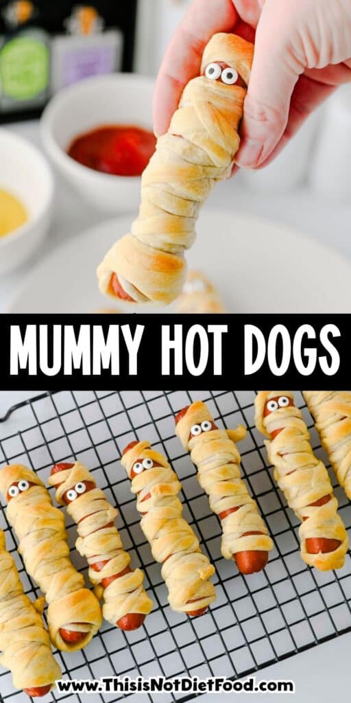 These Mummy Hot Dogs are the perfect easy Halloween dinner, spooky party snack, or kid-friendly Halloween appetizer! Made with hot dogs wrapped in flaky crescent roll dough, these adorable Crescent Roll Mummy Hot Dogs are quick to prep and baked until golden. Add candy eyes for a fun finishing touch, then serve with ketchup and mustard for dipping. If you need Easy Halloween Food Ideas, Halloween Party Food For Kids, Halloween Hot Dog Ideas, Halloween Finger Foods, Spooky Halloween Snacks, or Halloween Dinner Ideas For Kids, this simple recipe is a must-try. These Halloween Mummy Dogs are great for Halloween parties, movie nights, or a festive family dinner. Save this Mummy Hot Dogs Recipe for an easy Halloween snack that's cute, delicious, and made with a few simple ingredients!