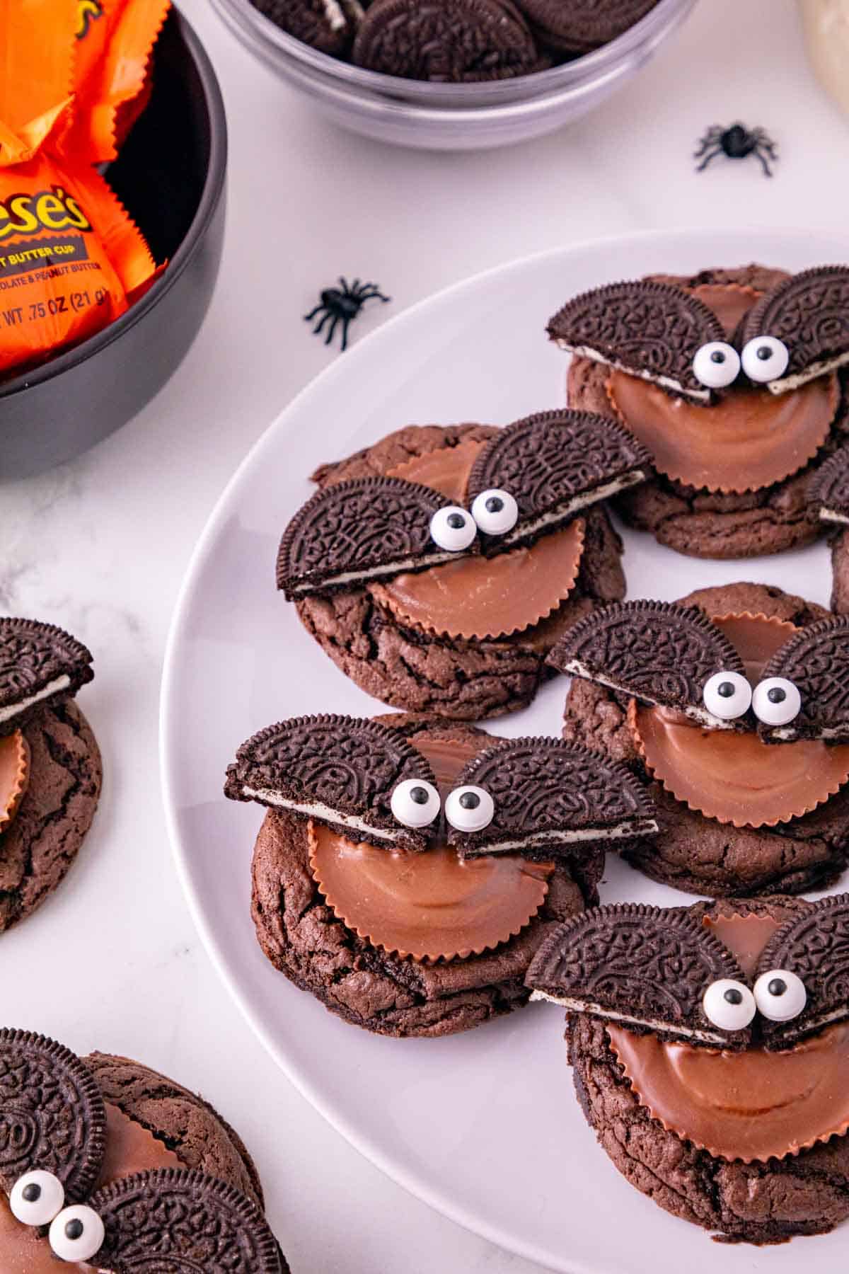 halloween oreo bat cookies on a plate