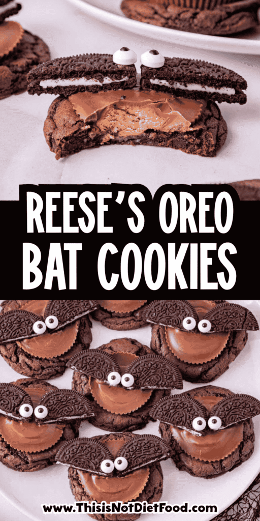 These Reese’s Oreo Bat Cookies are fun Halloween cookies made with chocolate cake mix, Reese’s peanut butter cups, Oreo cookies and candy eyes. These easy Halloween treats are perfect for Halloween parties, classroom treats, spooky dessert trays, fall baking, kids Halloween recipes and cute Halloween desserts. The soft chocolate cookies are topped with peanut butter cups, Oreo bat wings and candy eyes for a creepy cute dessert that looks impressive but is simple to make. Add these Halloween bat cookies to your list of easy Halloween cookie recipes, no stress party desserts, chocolate peanut butter treats and fun Halloween food ideas for kids and adults. They are rich, festive, adorable and perfect for spooky season baking.