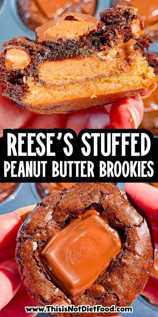 Reese's Stuffed Peanut Butter Brookies are the ultimate dessert for chocolate and peanut butter lovers! These easy muffin tin brookies start with Pillsbury peanut butter cookie dough, then get loaded with Reese's Peanut Butter Cups, Reese's brownie batter and pieces of Reese's peanut butter bar. Ready in just 33 minutes, this easy brookie recipe is perfect for parties, potlucks, holidays or whenever you need an indulgent treat. Save this recipe if you love Reese's desserts, peanut butter cup recipes, brownie cookie desserts, stuffed brookies, easy brownie mix recipes and muffin tin desserts. Every bite has a chewy peanut butter cookie base, a gooey candy center and a fudgy brownie top. These brownie cups are easy to serve and packed with chocolate peanut butter flavor!
