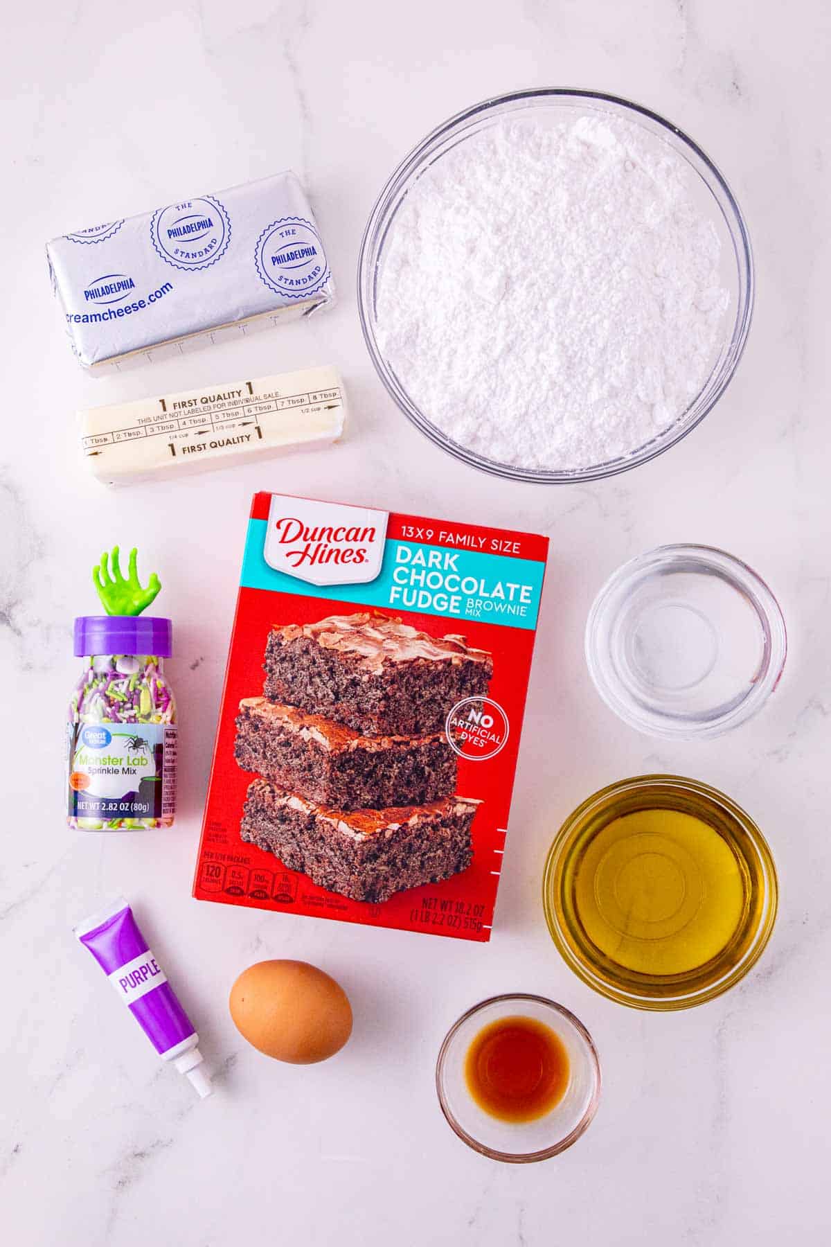 witch cauldron brownie ingredients on the kitchen counter