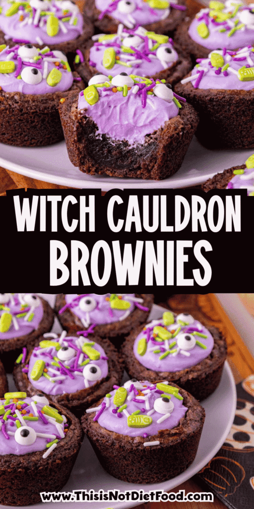 These Witch Cauldron Brownies are a fun and easy Halloween dessert recipe made with boxed fudge brownie mix, cream cheese frosting, purple gel food coloring and spooky Halloween sprinkles. Baked in muffin tins and pressed into little cauldron shapes, these cute Halloween brownies are perfect for Halloween baking ideas, Halloween party food, classroom treats, spooky desserts, Halloween brownie bites and kid friendly Halloween treats. The fudgy brownie cups are filled with colorful frosting and topped with candy eyes, bones or festive sprinkles for a creepy cute treat that looks impressive but starts with simple brownie mix. Add pretzel sticks or Pocky for little stirring spoons and serve these witch cauldron treats at your next Halloween dessert table or movie night.