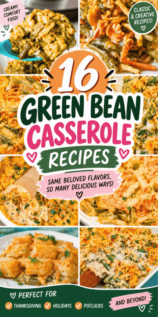 Looking for Green Bean Casserole Recipes that go beyond the same old holiday side? This collection of 16 recipes has creamy classics, cheesy twists, crispy toppings and creative variations perfect for Thanksgiving dinner. Save these ideas for Best Thanksgiving Side Dishes, Thanksgiving Vegetable Sides, Turkey Side Dishes and Thanksgiving Recipes Side Dishes. You'll find inspiration for Classic Green Bean Casserole, Creamy Green Bean Casserole, Green Bean Casserole With Fried Onions, Green Bean Casserole With Mushrooms and more. Whether you need a Simple Green Bean Casserole, Easy Green Bean Casserole Recipe or something unexpected, these Bean Casserole Recipes make planning Thanksgiving Food Sides and Side Dishes For Thanksgiving Dinner deliciously easy.