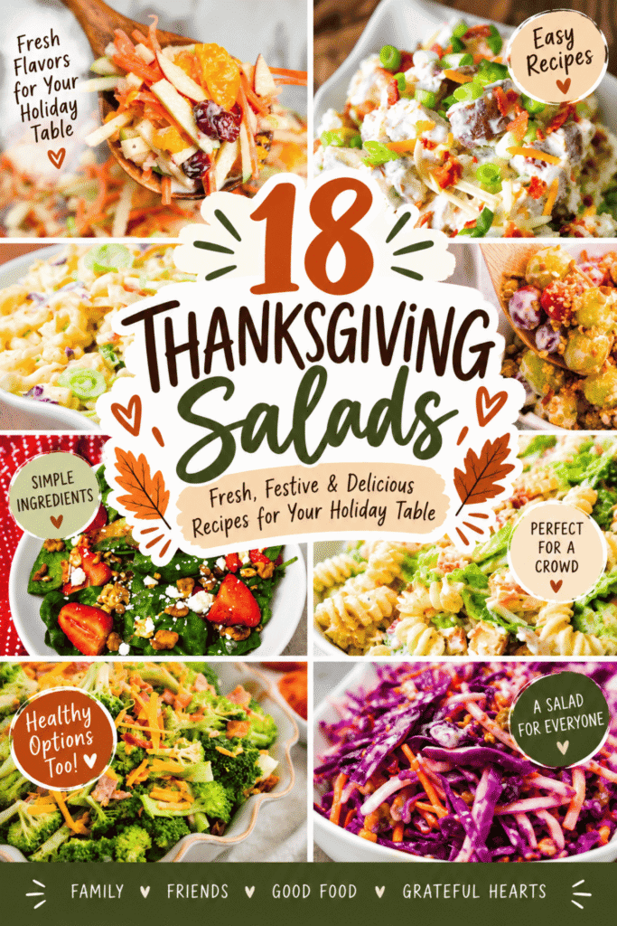 These 18 Thanksgiving Salads are packed with fresh, festive flavor for your Thanksgiving Feast and Holiday Spread. From creamy classics and Thanksgiving Chopped Salad ideas to Autumn Salad recipes with Seasonal Ingredients, fruit, cranberries and crunchy vegetables, there is something for every table. Find Thanksgiving Salad Recipes Simple enough for busy holiday cooking, plus Healthy Thanksgiving Salad options, Fall Side Salad favorites and Cold Dishes To Bring To Thanksgiving. These Thanksgiving Sides are perfect for Thanksgiving Dinner, Friendsgiving, potlucks and Salads For A Crowd. Save these Thanksgiving Salad Ideas, Holiday Salad Recipes and Easy Fall Salads when you need a fresh, colorful addition to rich Thanksgiving Dinner Sides.