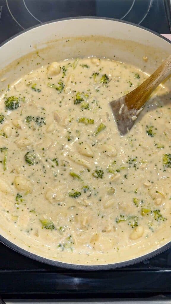stirring chicken and gnocchi into broccoli soup