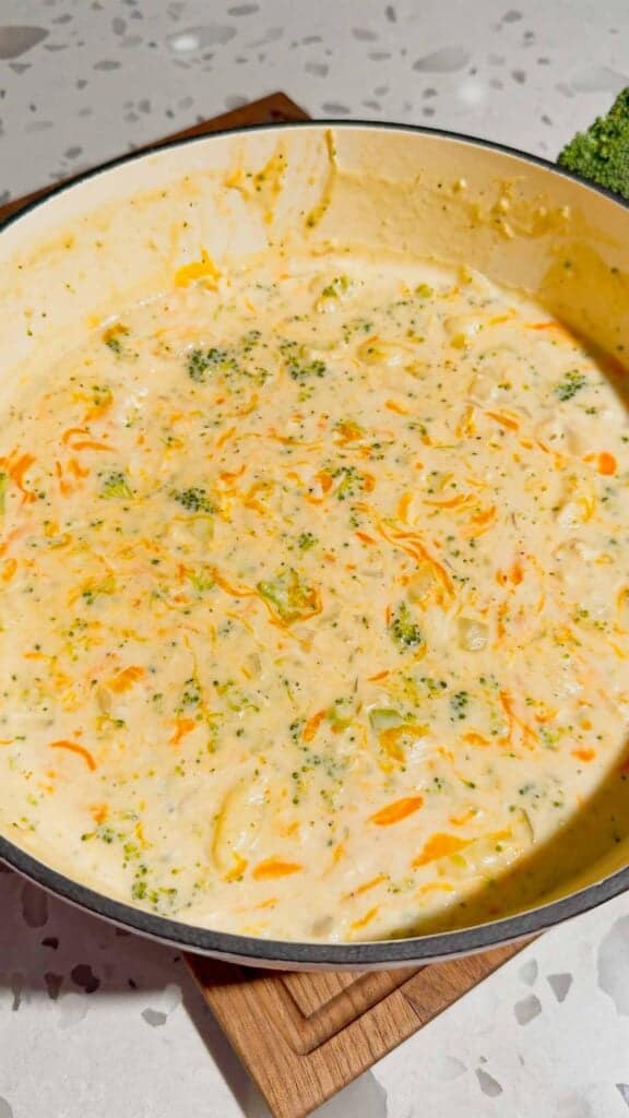 broccoli cheddar chicken gnocchi soup in a pot