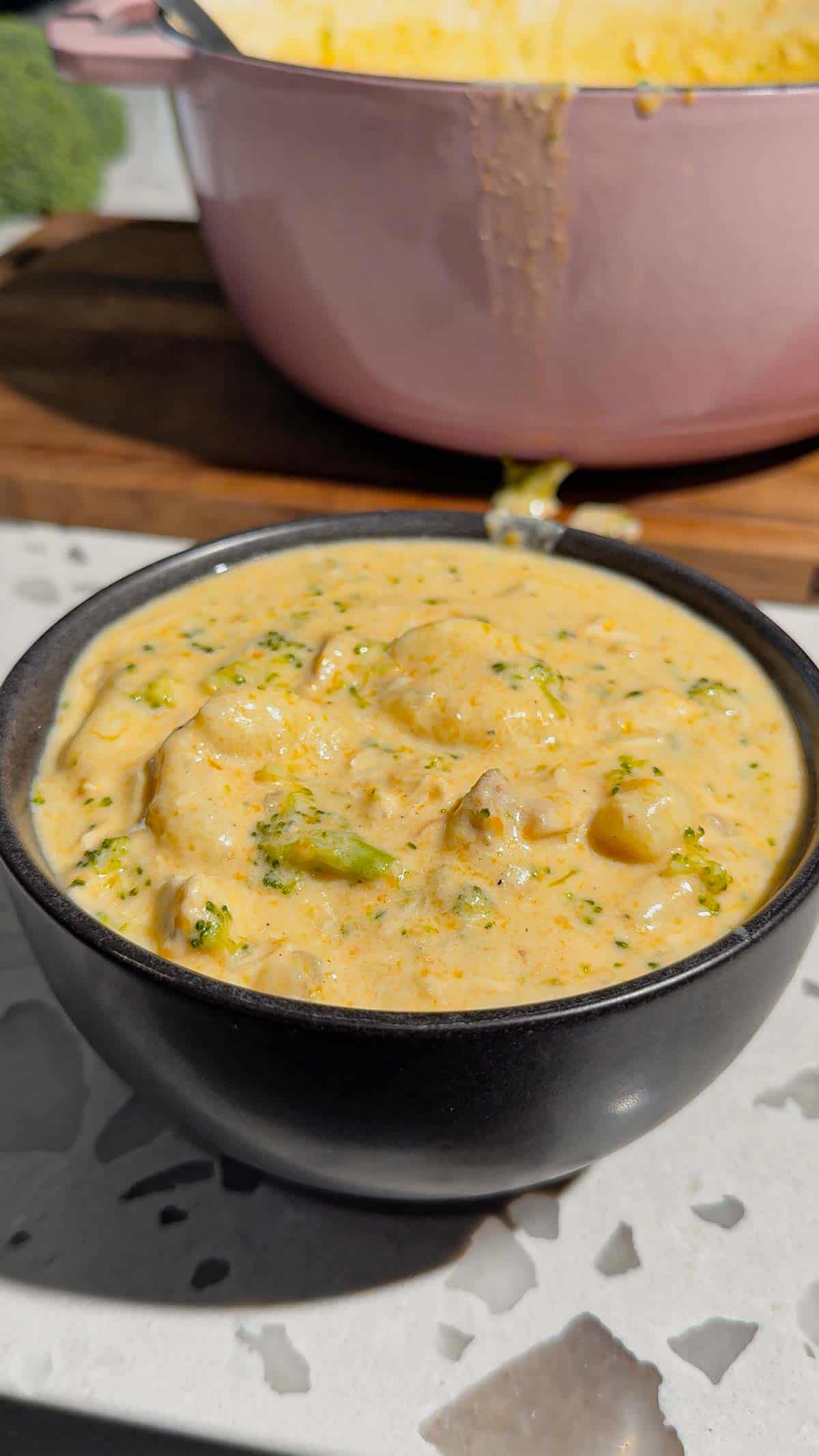 broccoli cheddar chicken gnocchi soup in a bowl