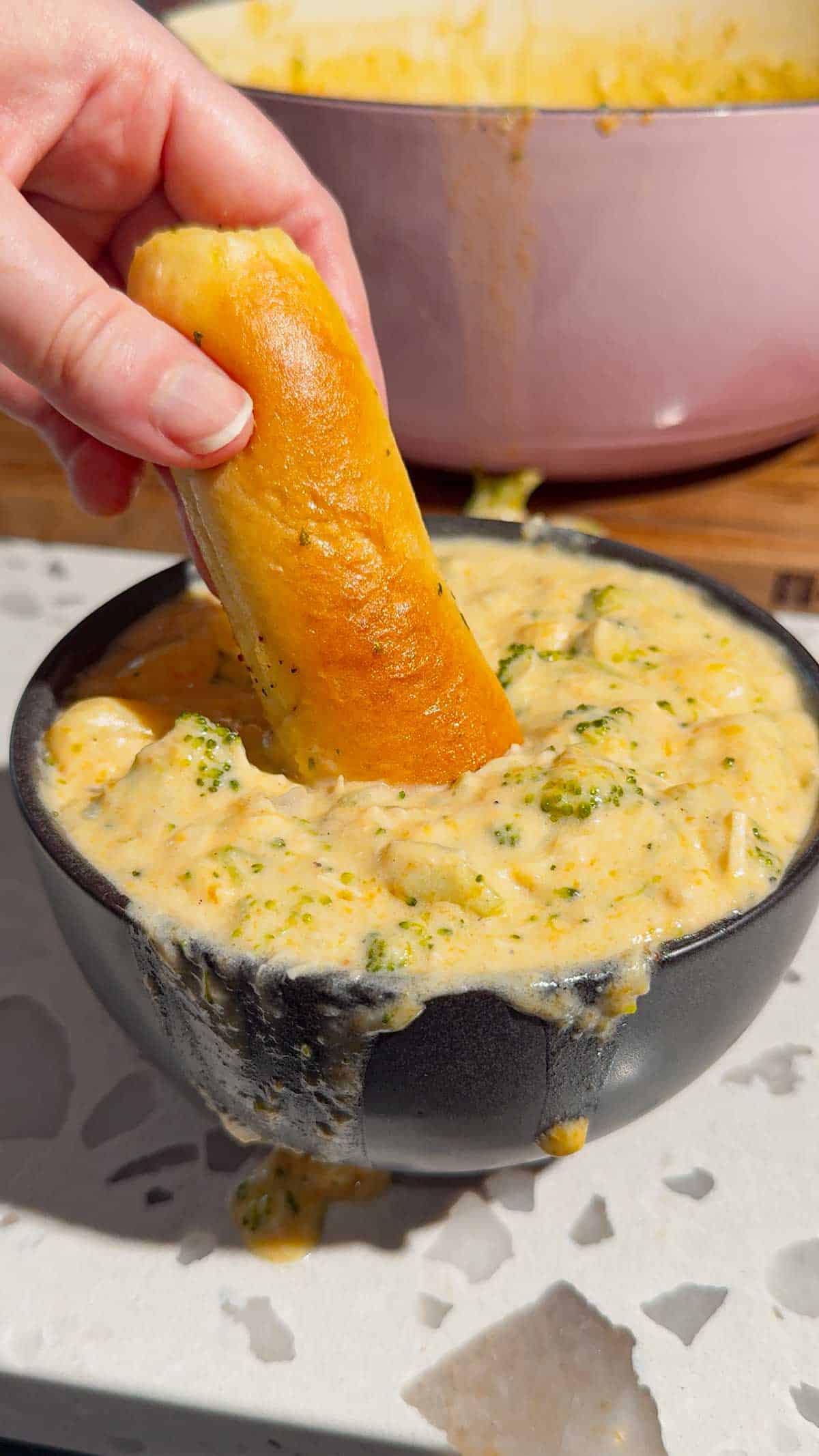 broccoli cheddar chicken gnocchi soup in a bowl