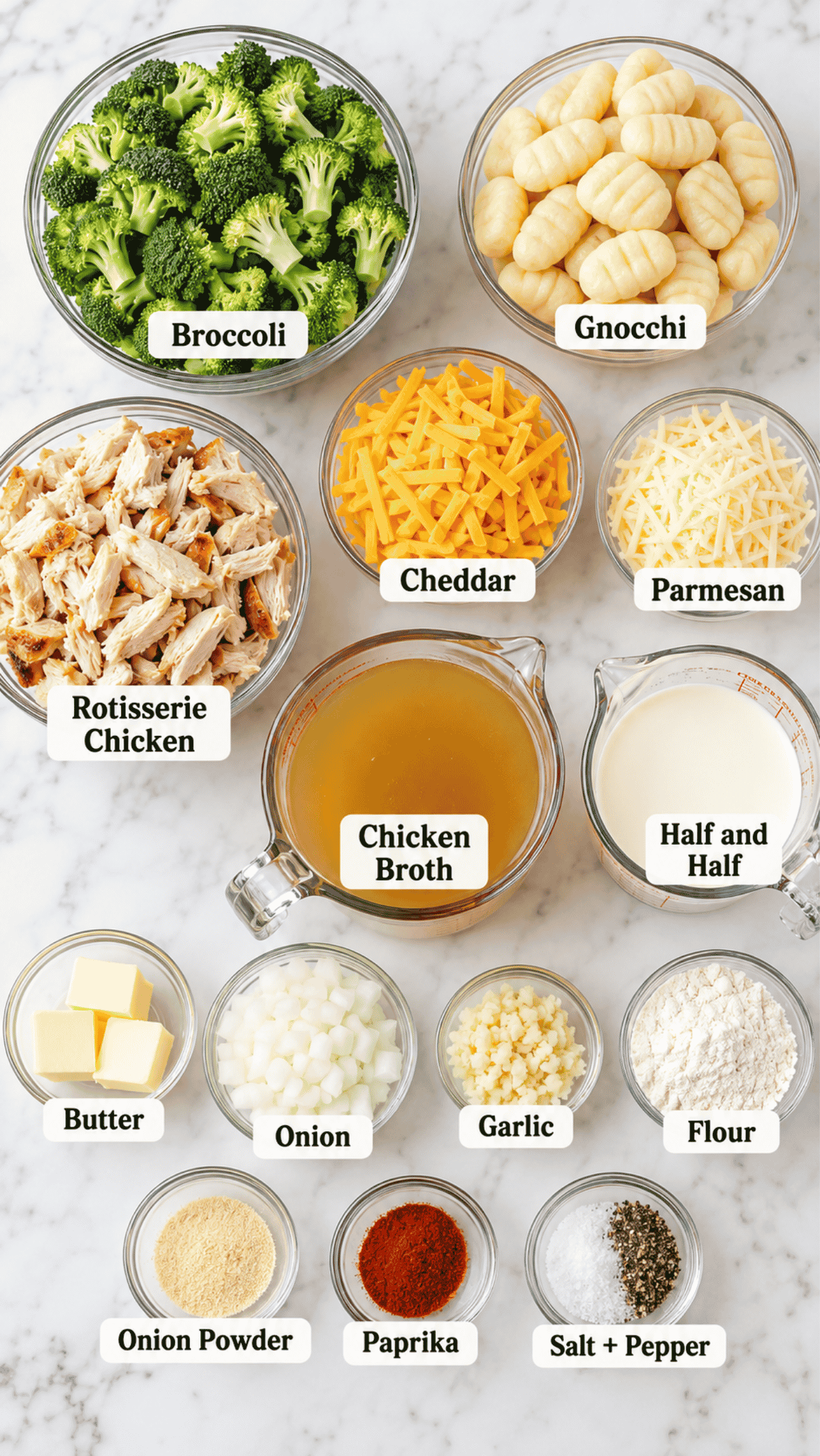 broccoli cheddar chicken gnocchi soup ingredients on the kitchen counter