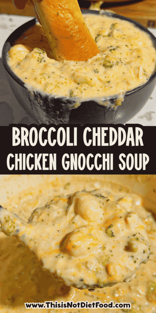 This Broccoli Cheddar Chicken Gnocchi Soup is a creamy, cheesy comfort food dinner loaded with tender broccoli, rotisserie chicken, potato gnocchi, cheddar cheese and parmesan. This easy soup recipe is perfect for busy weeknights, cold weather dinners, family meals and cozy fall or winter cooking. If you love broccoli cheddar soup, chicken gnocchi soup, creamy chicken soup recipes, rotisserie chicken recipes or hearty one pot dinners, this thick and filling soup is a must try. Made with chicken broth, half and half, broccoli florets, pillowy gnocchi and plenty of shredded cheese, this easy broccoli cheddar chicken soup comes together in just 35 minutes and makes a satisfying dinner everyone will want seconds of.