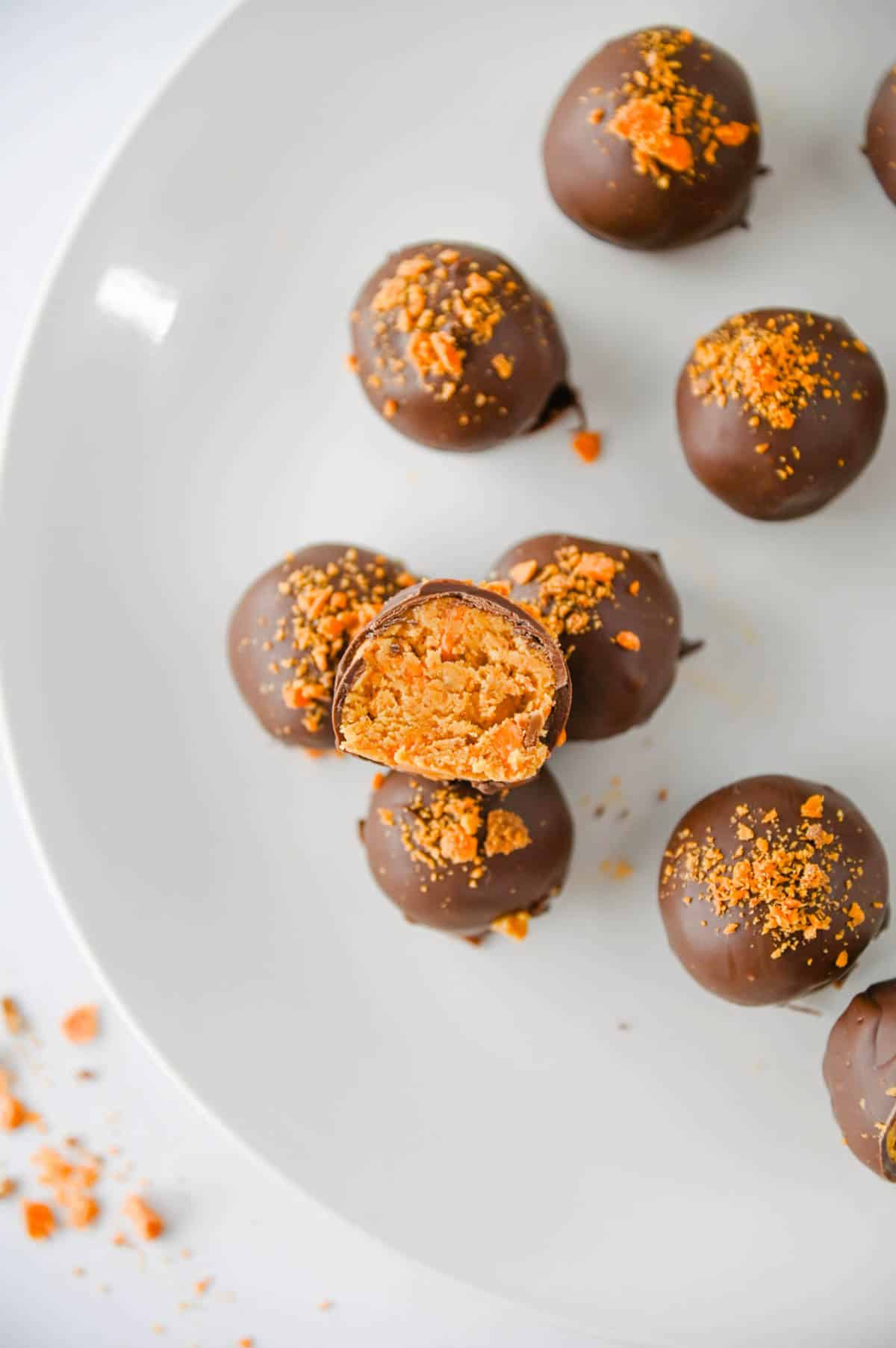 cut in half butterfinger ball on a plate