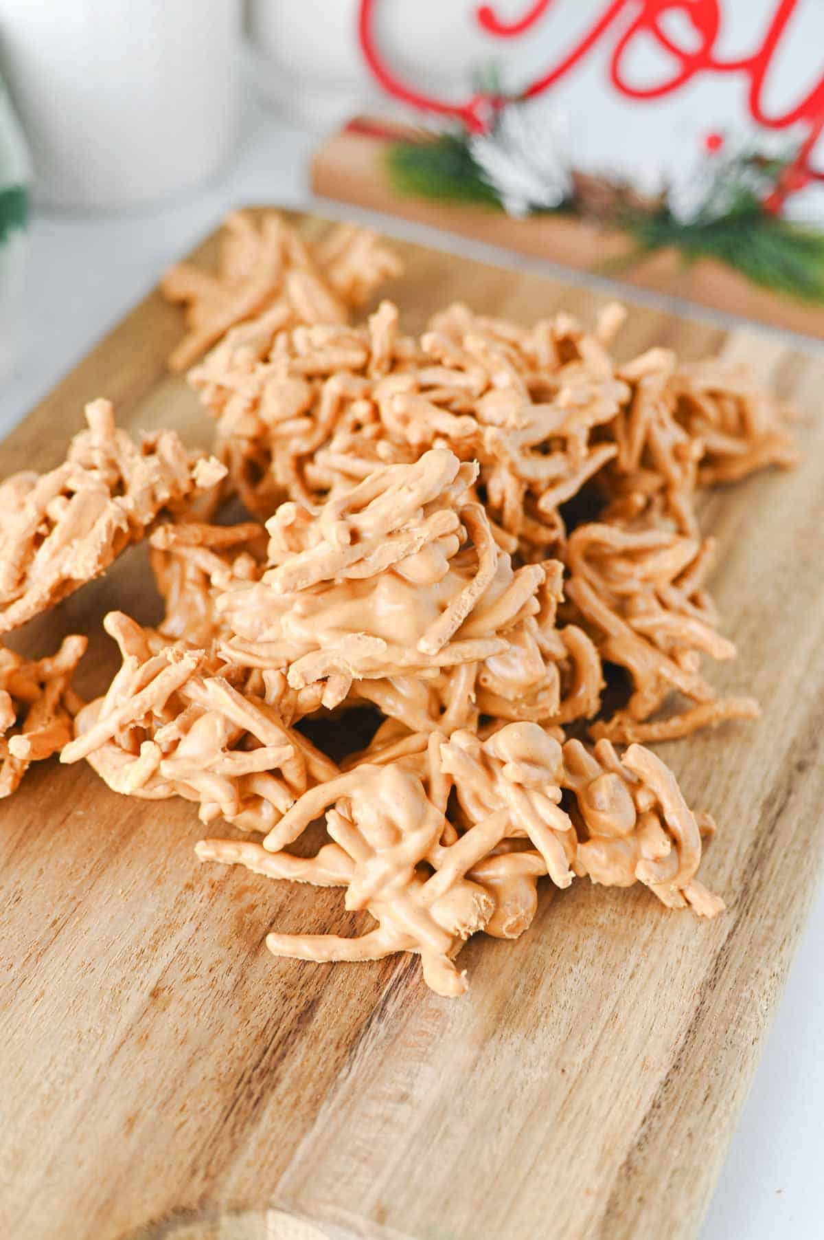 stacked butterscotch haystacks on a serving board