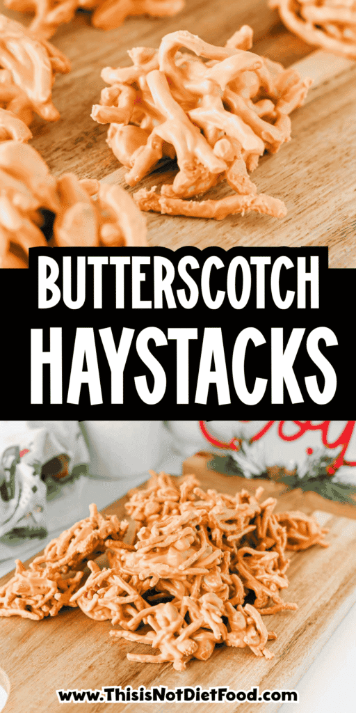 These easy Butterscotch Haystacks are the sweet and salty no bake treats your dessert tray needs! Made with butterscotch chips, creamy peanut butter, crunchy chow mein noodles, and roasted salted peanuts, this 4 ingredient haystack recipe is simple to make in the microwave. Scoop into clusters, chill until set, and enjoy homemade butterscotch candy with plenty of crunch. Perfect for Christmas candy trays, holiday desserts, cookie exchanges, edible gifts, potlucks, and easy party treats, these peanut butter butterscotch haystacks are a family friendly dessert you can make without turning on the oven. Save this easy no bake candy recipe for your Christmas baking list or whenever you need a quick dessert with just a handful of ingredients!