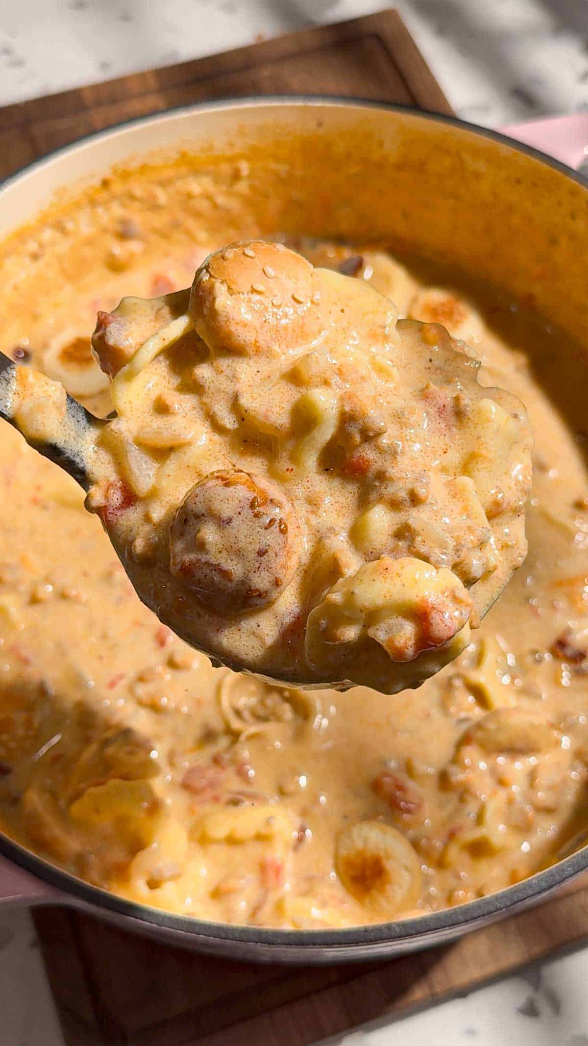 full ladle of cheeseburger tortellini soup