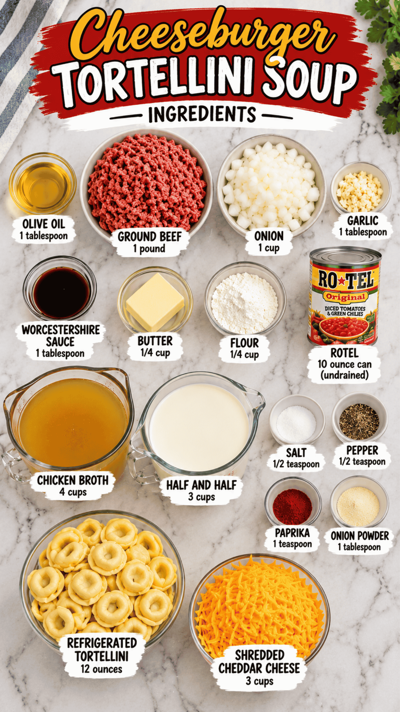 cheeseburger tortellini soup ingredients on the kitchen counter