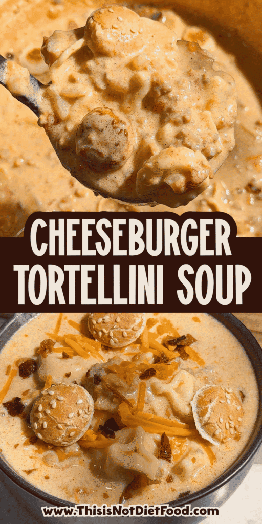 Cheeseburger Tortellini Soup is the ultimate easy comfort food dinner! This creamy cheeseburger soup combines seasoned ground beef, tender cheese tortellini, Rotel tomatoes and green chilies, and plenty of shredded cheddar cheese in a rich, cheesy broth. Ready in just 40 minutes, this hearty one pot soup recipe is perfect for busy weeknights, chilly fall evenings, and family dinners. If you love cheeseburger soup recipes, ground beef soup recipes, creamy tortellini soup, cheesy pasta soups, and easy dinner ideas with ground beef, this recipe belongs on your meal plan. Top each bowl with crispy bacon, extra cheddar, and toasted hamburger bun croutons for all the flavors of a bacon cheeseburger in soup form. Save this cheeseburger tortellini soup recipe for later!