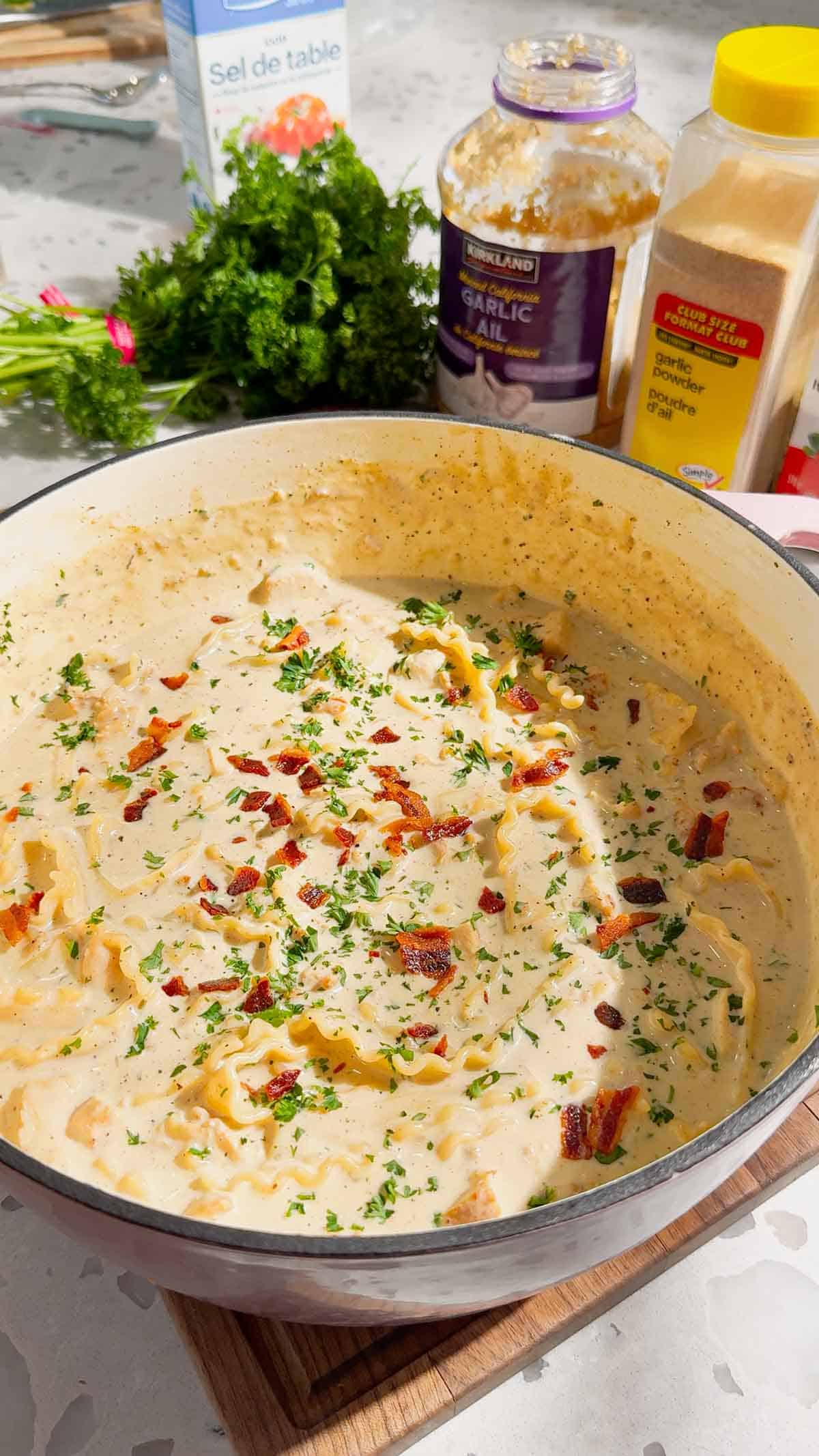 pot of chicken alfredo lasagna soup