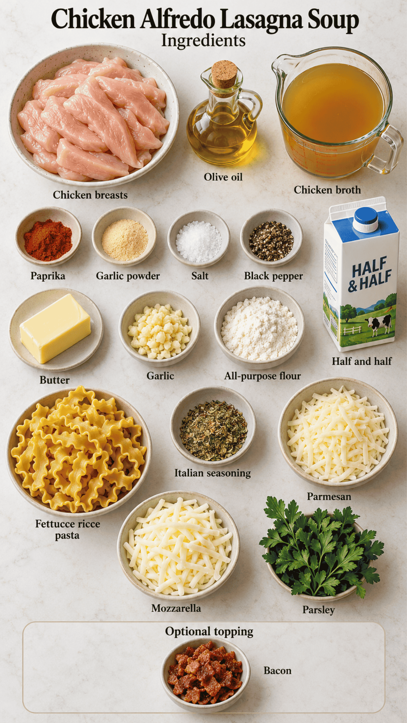 chicken alfredo lasagna soup ingredients on the kitchen counter