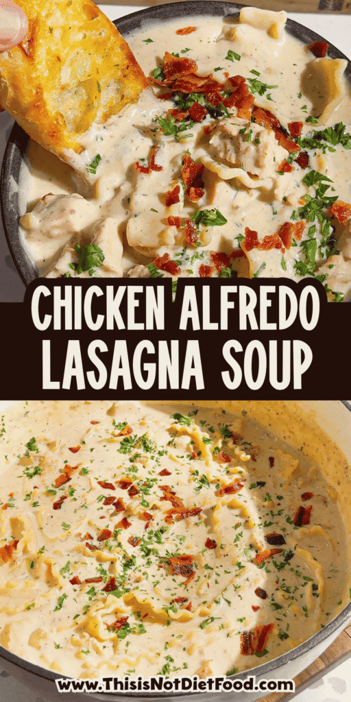 Chicken Alfredo Lasagna Soup is the creamy comfort food dinner your family will request again and again! This easy chicken soup recipe combines seasoned chicken breast, tender pasta, garlic, Parmesan cheese and mozzarella in a rich, creamy Alfredo inspired broth. Ready in just 40 minutes, this hearty pasta soup is perfect for busy weeknight dinners, chilly evenings and family meals. If you love chicken Alfredo pasta, white chicken lasagna or creamy chicken noodle soup, save this cheesy soup recipe for your dinner rotation. Top each bowl with crispy bacon and fresh parsley, then serve with garlic bread for the ultimate comfort food meal. This Chicken Alfredo Lasagna Soup recipe brings big flavor to a deliciously easy homemade dinner!