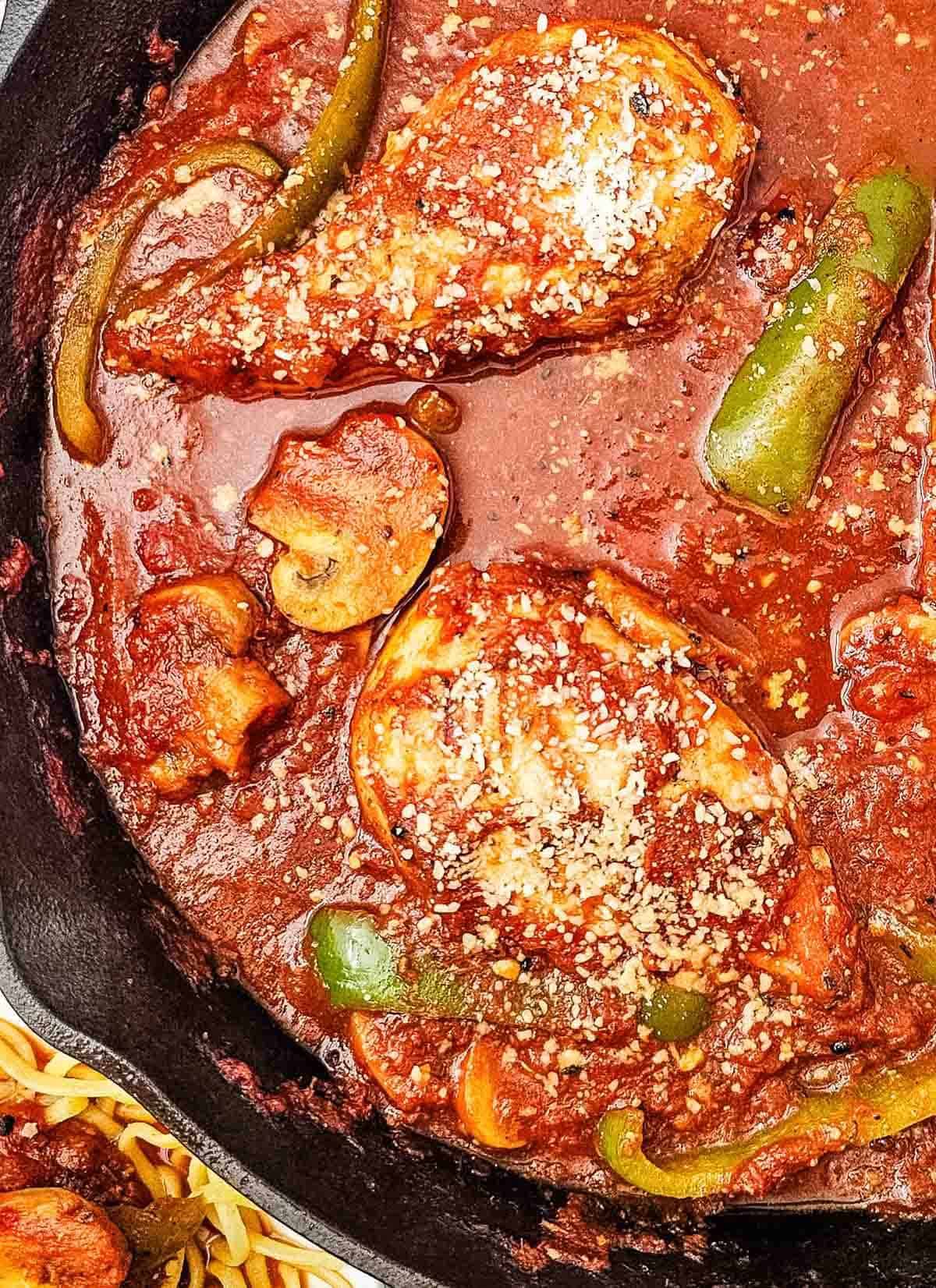 chicken cacciatore cooked in a skillet