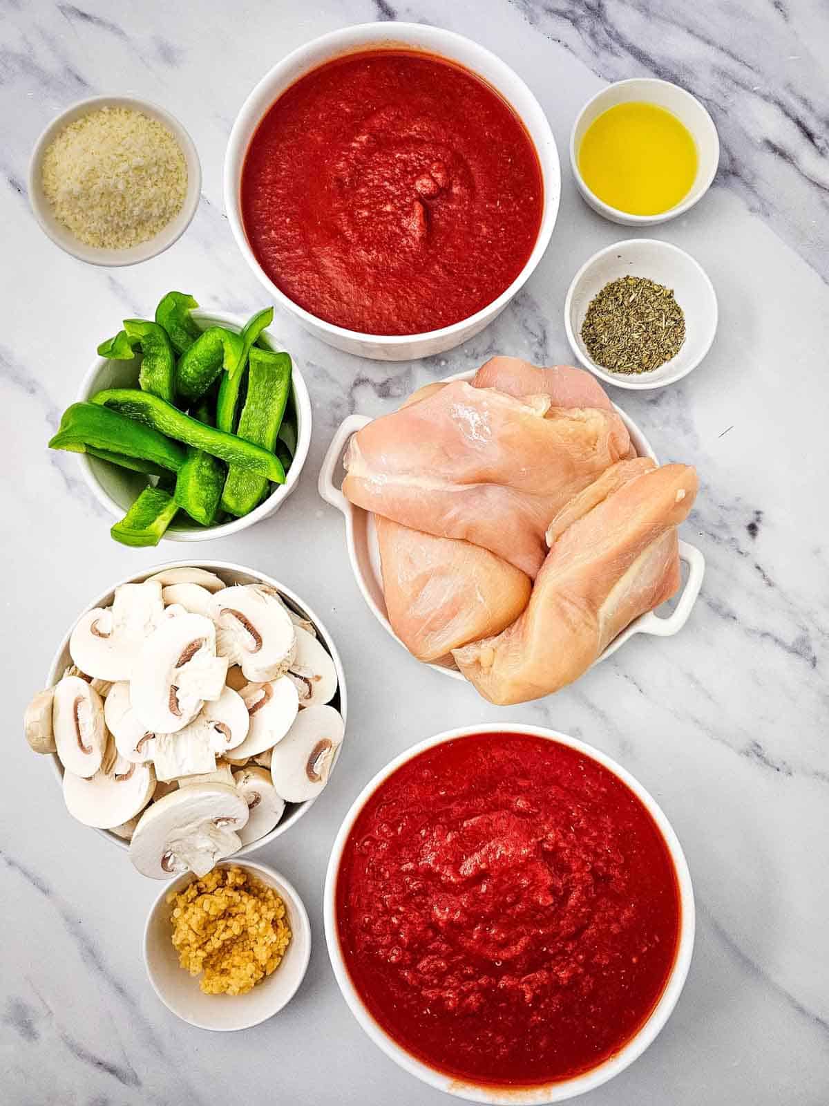 chicken cacciatore ingredients on the kitchen counter