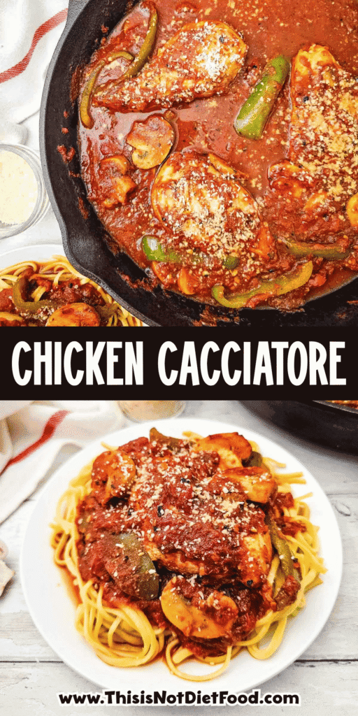 This easy Chicken Cacciatore recipe is a hearty Italian inspired dinner made with chicken breasts, mushrooms and green peppers simmered in a rich tomato sauce with garlic, Italian seasoning and Parmesan cheese. Ready in just 50 minutes, this skillet chicken dinner is perfect for busy weeknights and family meals. Serve this chicken breast recipe over pasta, noodles or rice to soak up every bite of the delicious sauce. If you love easy chicken recipes, comforting Italian chicken dinners and simple family dinner ideas, save this homemade chicken cacciatore for your next meal plan. With simple ingredients and plenty of flavour, this chicken and tomato sauce recipe is an easy way to bring comfort food to the dinner table. Save this recipe for dinner!