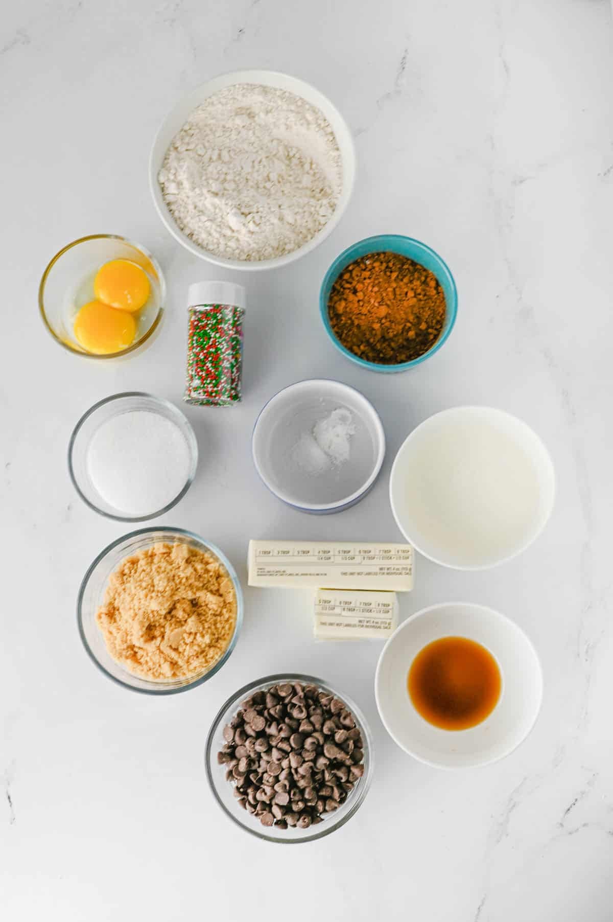 ingredients for chocolate thumbprint cookies on the kitchen counter