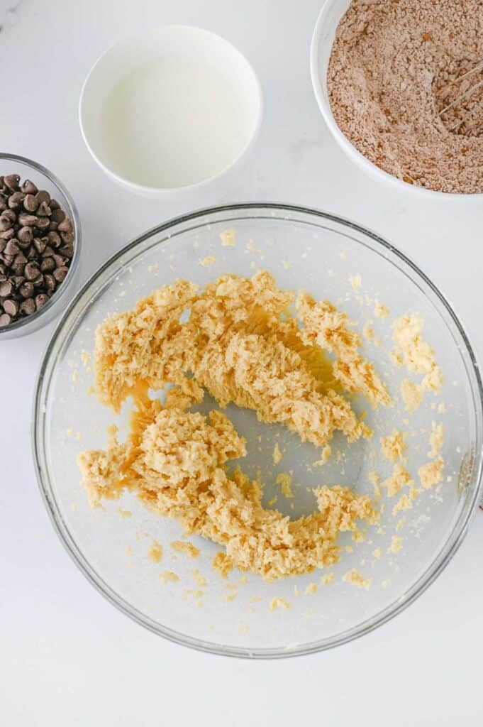 creamed butter and sugar mixture in a mixing bowl