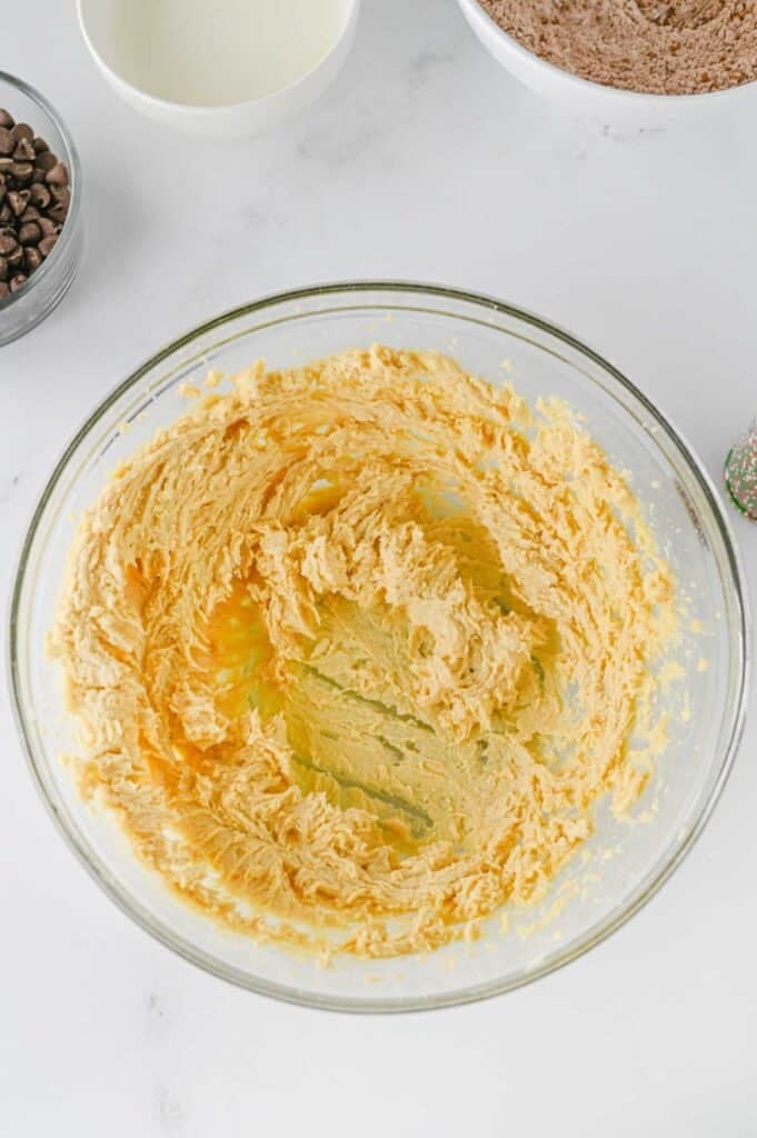 cookie dough wet ingredients in a mixing bowl