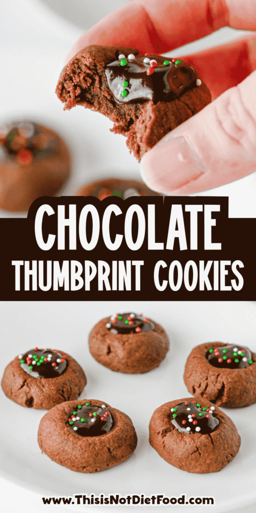 These Chocolate Thumbprint Cookies are the ultimate treat for chocolate lovers! Soft, rich chocolate cookies are filled with a smooth and creamy chocolate ganache center and topped with colorful sprinkles. This easy chocolate thumbprint cookies recipe is perfect for Christmas cookie trays, holiday baking, cookie exchanges, and homemade gifts. If you're looking for easy Christmas cookies, chocolate Christmas cookies, double chocolate cookies, or simple holiday cookie recipes, these decadent treats are a must-try! Made with cocoa powder, brown sugar, chocolate chips, and heavy cream, these homemade thumbprint cookies are loaded with rich chocolate flavor. Save this easy chocolate cookie recipe for your next holiday baking session!