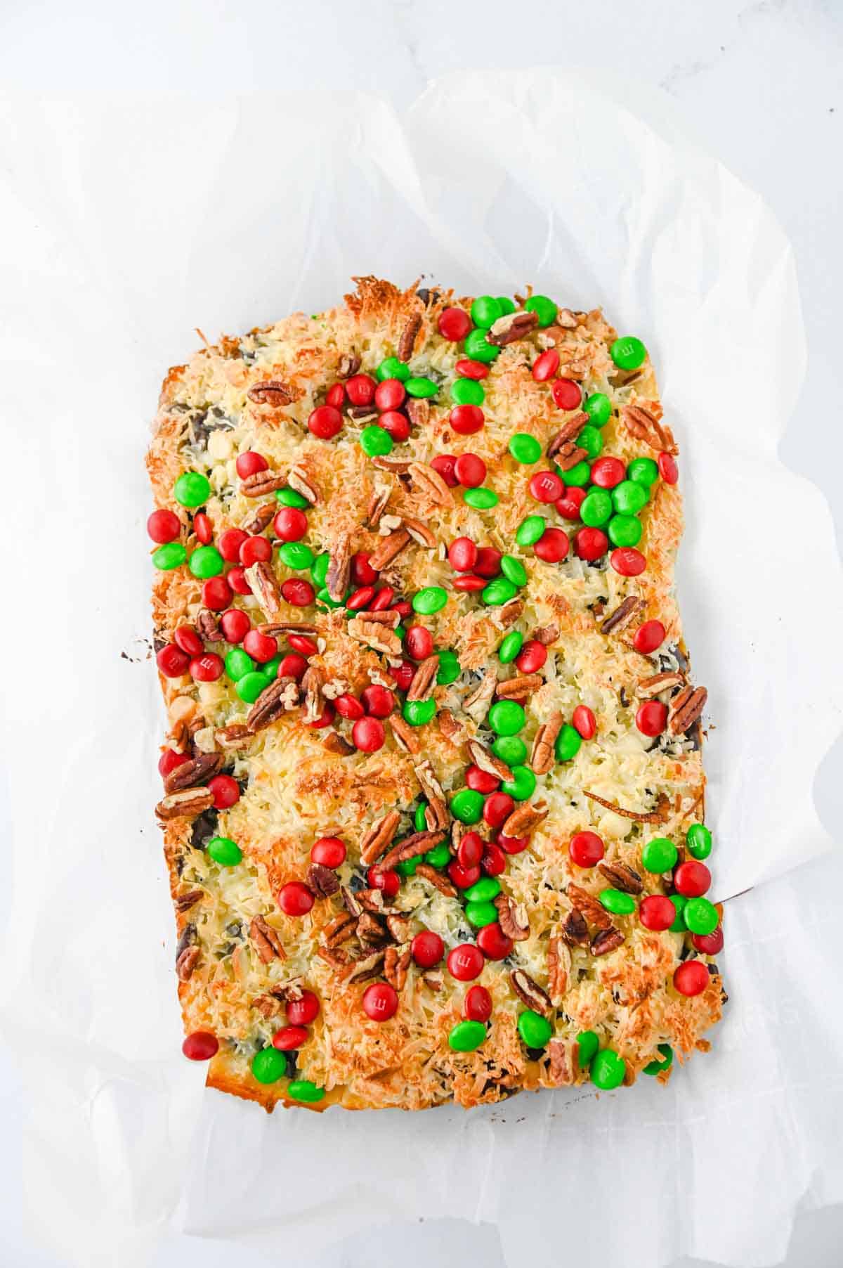 christmas m&ms on top of dessert bars