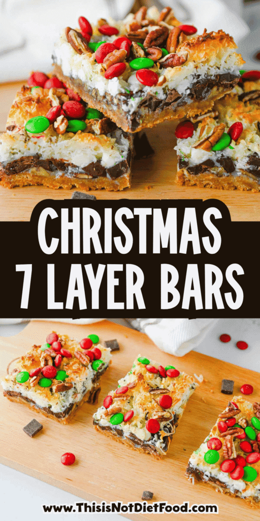 These Christmas 7 Layer Bars are the ultimate easy Christmas dessert for holiday baking, cookie exchanges and festive parties! Made with a buttery graham cracker crust, crunchy pecans, semi sweet chocolate chips, white chocolate chips, sweetened coconut, gooey sweetened condensed milk and red and green M&Ms, these Christmas magic cookie bars are packed with delicious layers. This easy 7 layer bars recipe is perfect for Christmas cookie trays, holiday dessert platters, potlucks and homemade food gifts. If you love classic Hello Dolly Bars, magic bars and simple Christmas cookie bar recipes, you'll want to save this festive twist. With just 15 minutes of prep, these chewy chocolate coconut bars are an easy Christmas treat for sharing with family and friends!