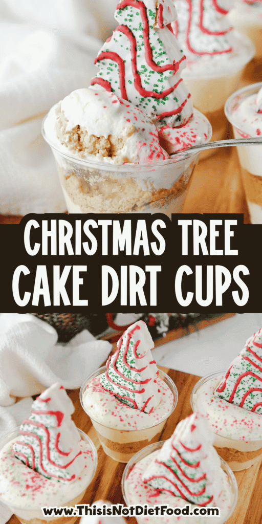 Christmas Tree Cake Dirt Cups are an easy no bake Christmas dessert made with Little Debbie Christmas Tree Cakes, Golden Oreos, creamy vanilla pudding and fluffy Cool Whip! These festive Christmas dessert cups are layered with crushed cookies and pudding, then topped with red and green sanding sugar and a Christmas Tree Cake. Ready in just 15 minutes, this simple holiday dessert recipe is perfect for Christmas parties, holiday potlucks, classroom celebrations and family gatherings. If you're looking for easy Christmas desserts, individual holiday treats, no bake dessert cups or fun Christmas recipes for kids, these Christmas Tree Cake pudding cups are a delicious choice. Save this quick Christmas dessert idea for your holiday dessert table!