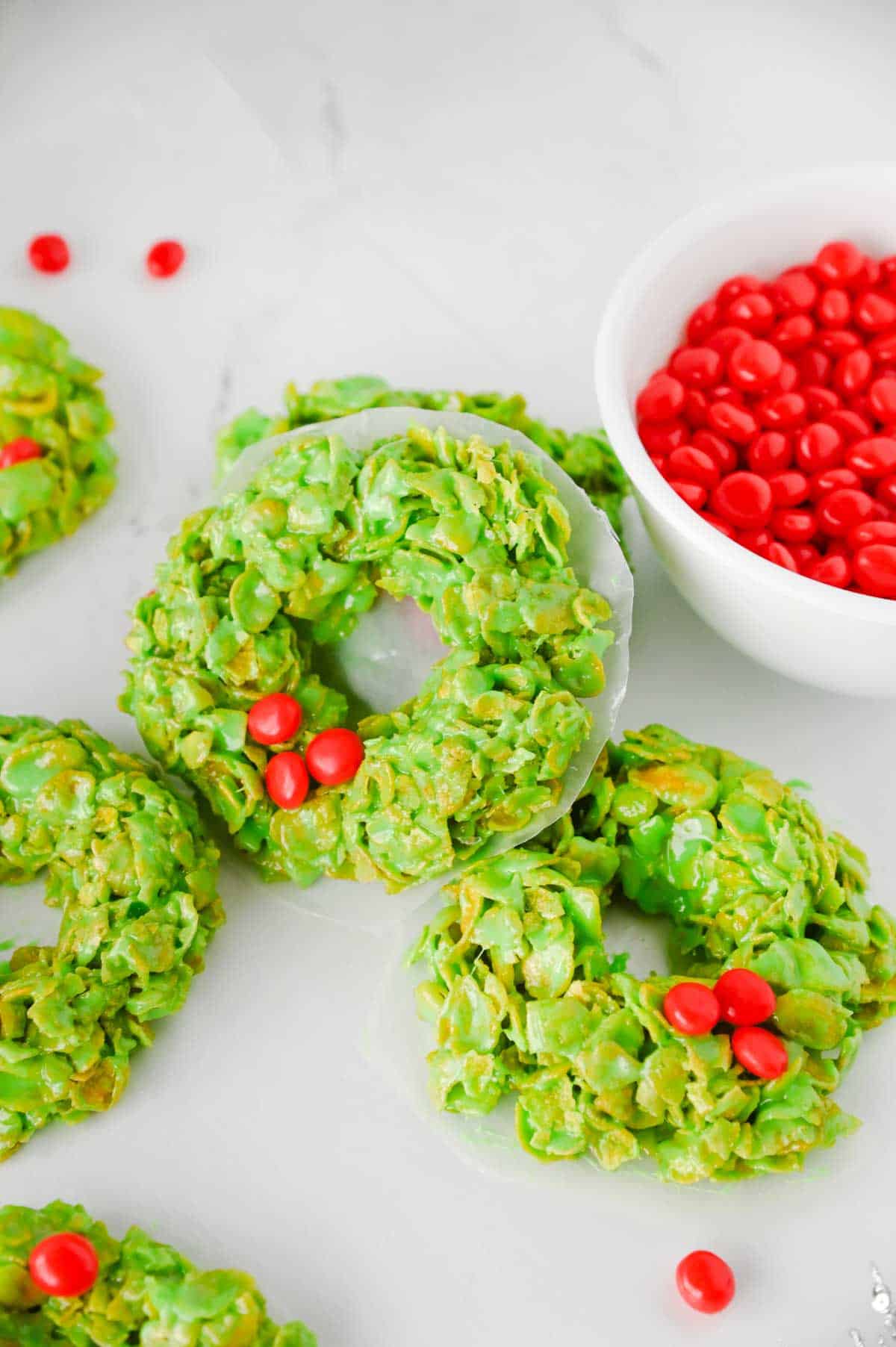 stacked cornflake wreaths on the kitchen counter