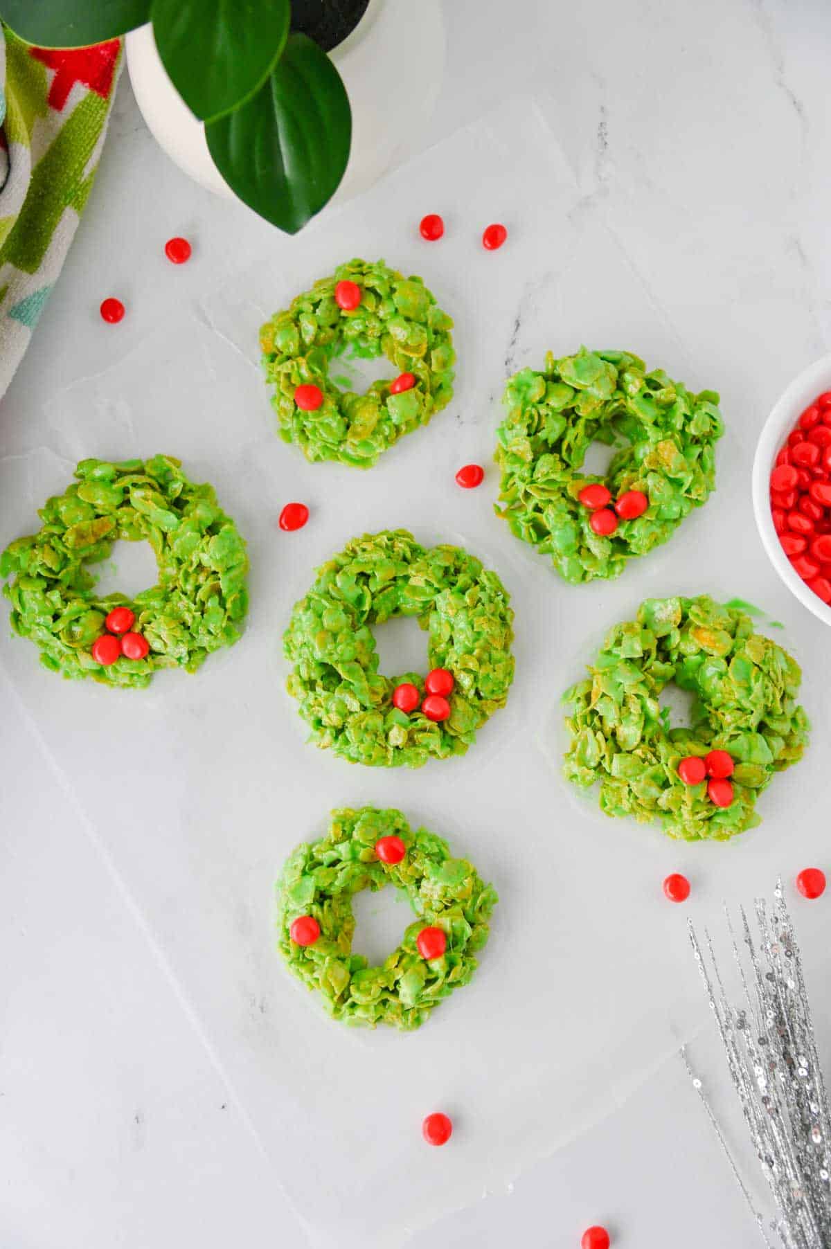 overhead of cornflake wreaths on the kichen counter