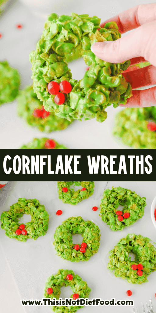 These easy Cornflake Wreaths are a fun, festive no bake Christmas dessert made with just 5 simple ingredients! Crunchy corn flakes are coated in a gooey mixture of melted marshmallows, butter and green food coloring, then shaped into adorable Christmas wreath cookies and decorated with red hot candies. This old fashioned Cornflake Wreaths recipe is perfect for Christmas cookie trays, holiday parties, classroom treats and Christmas baking with kids. If you love easy Christmas desserts, no bake Christmas cookies, marshmallow cereal treats and nostalgic holiday recipes, these cute green Christmas wreath treats belong on your holiday baking list. Make these simple Christmas cornflake cookies for a festive dessert everyone will love this season!