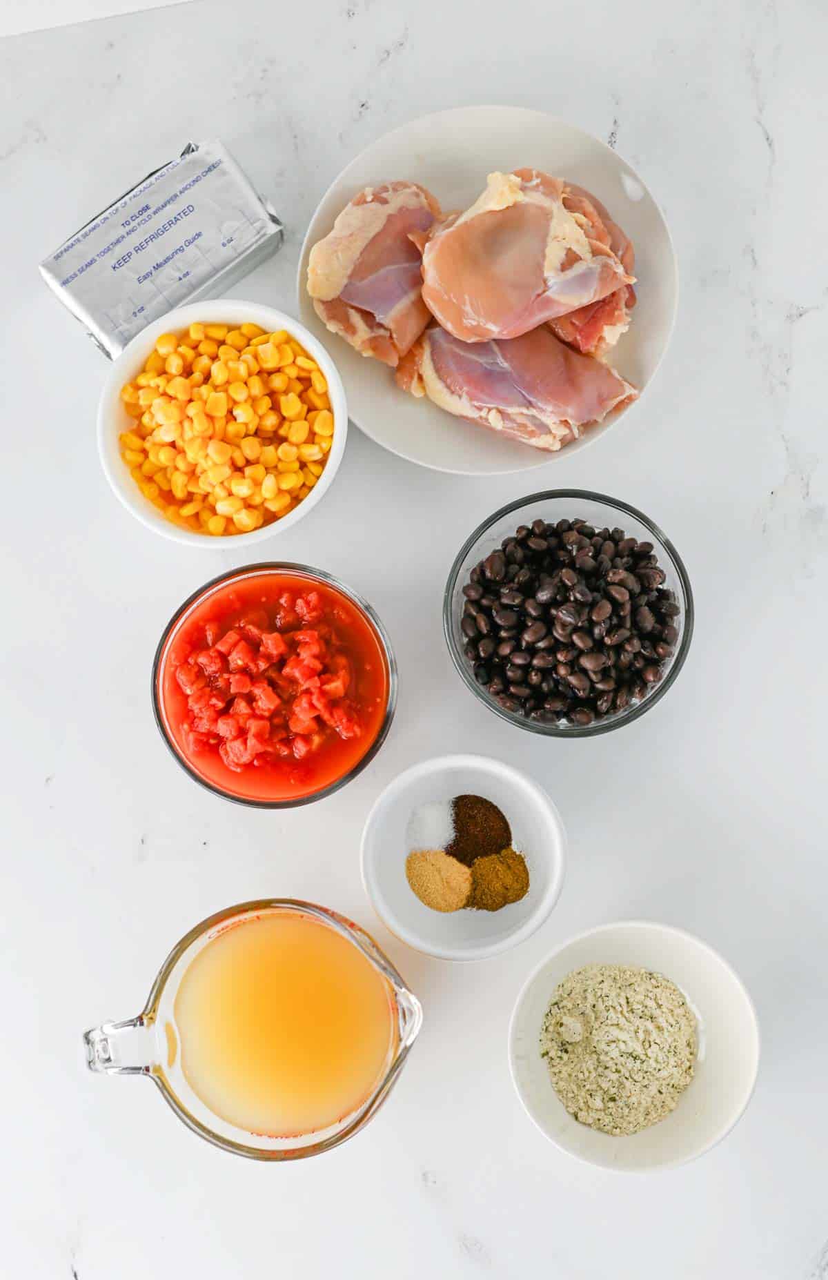 cream cheese chicken chili ingredients on the kitchen counter
