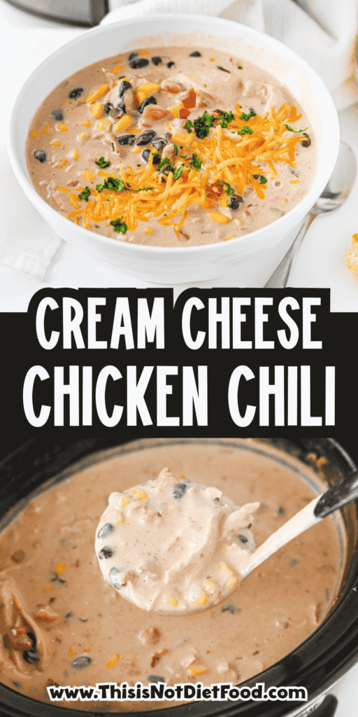 This Cream Cheese Chicken Chili is an easy crock pot dinner made with tender shredded chicken, black beans, corn, diced tomatoes, ranch seasoning, chicken broth, warm spices and cream cheese for the perfect creamy finish. This slow cooker chicken chili is rich, hearty and packed with flavor, making it a cozy weeknight dinner, game day meal or simple family comfort food recipe. Serve this creamy chicken chili with shredded cheese, cilantro, tortilla chips or over rice for a filling bowl everyone will love. If you need easy slow cooker recipes, crock pot chicken recipes, creamy chili recipes or simple dinner ideas with chicken thighs or chicken breasts, this Cream Cheese Chicken Chili is a must try.