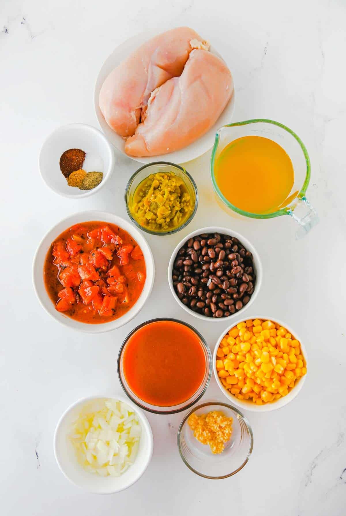 crockpot chicken enchilada soup ingredients on the kitchen counter