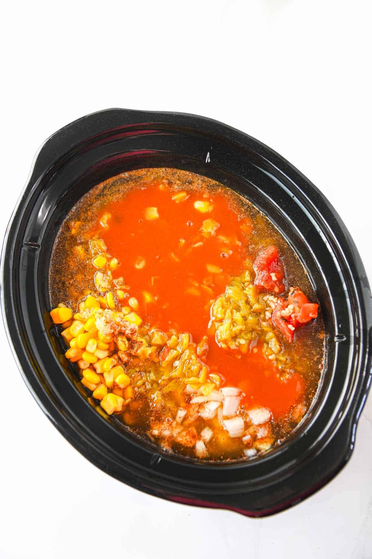 chicken enchilada soup ingredients in the crock pot