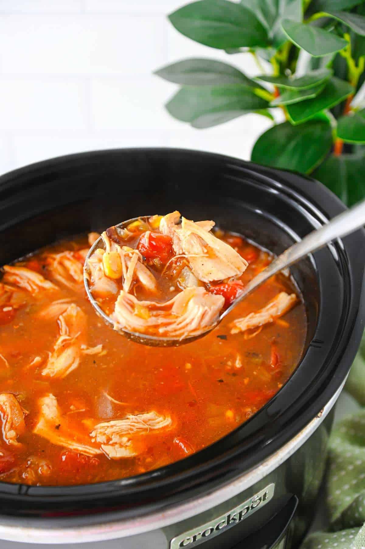 ladling chicken enchilada soup in a crock pot