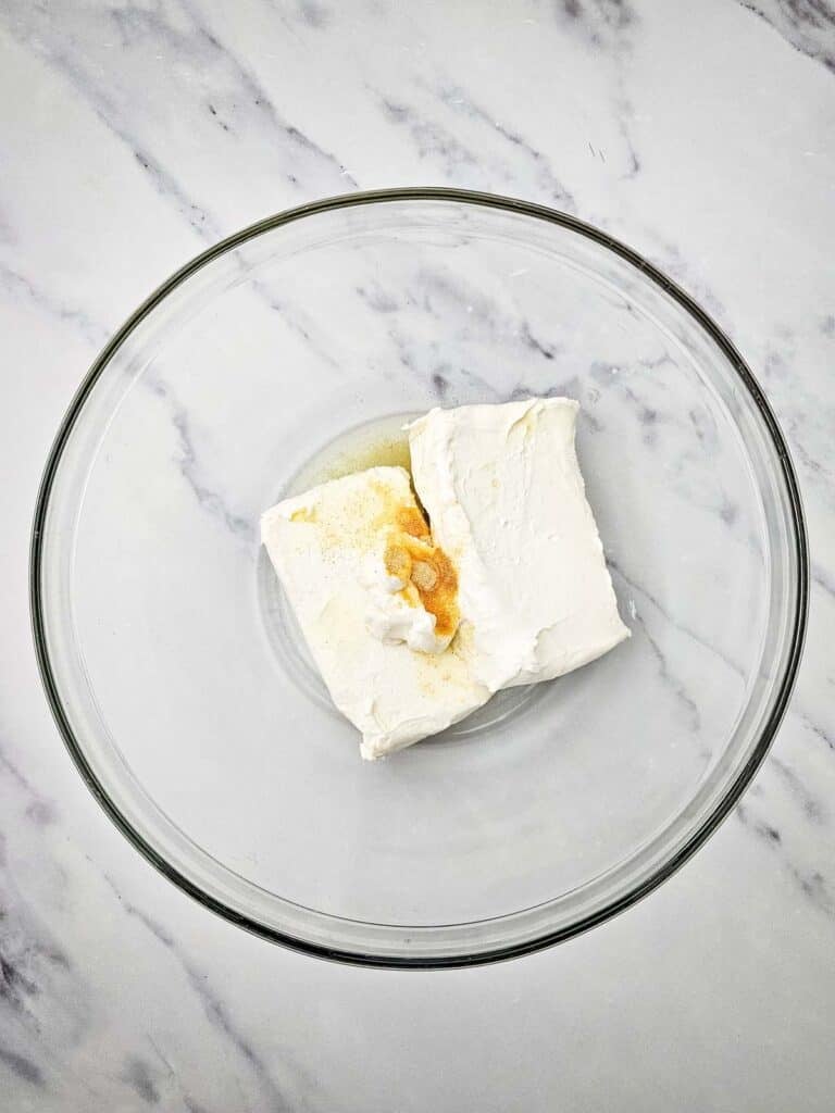 garlic, pickle juice, cream cheese and mayo in a mixing bowl