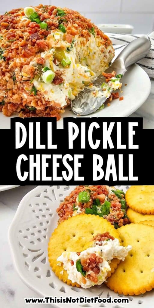 This Dill Pickle Cheese Ball is the ultimate easy party appetizer for pickle lovers! Made with cream cheese, shredded cheddar, chopped dill pickles, pickle juice, green onions and fresh dill, this creamy cheese ball recipe is packed with tangy, savory flavor. Rolled in crispy bacon pieces, green onions and dill, it's a delicious no bake appetizer that's perfect for holiday parties, Christmas gatherings, Thanksgiving appetizers, game day snacks and potlucks. Serve this bacon dill pickle cheese ball with crackers, pretzels or fresh veggies for an easy make ahead appetizer everyone will want to try. If you're looking for cream cheese appetizers, pickle recipes, easy cheese ball recipes or crowd pleasing party dips, save this dill pickle appetizer recipe!